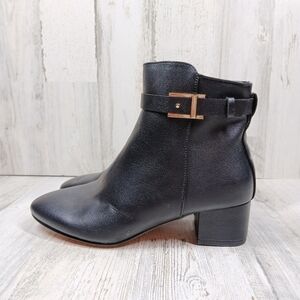 New NYC Flori Black Faux Leather Ankle Boots Gold Buckle Low Block Heel #1024‎